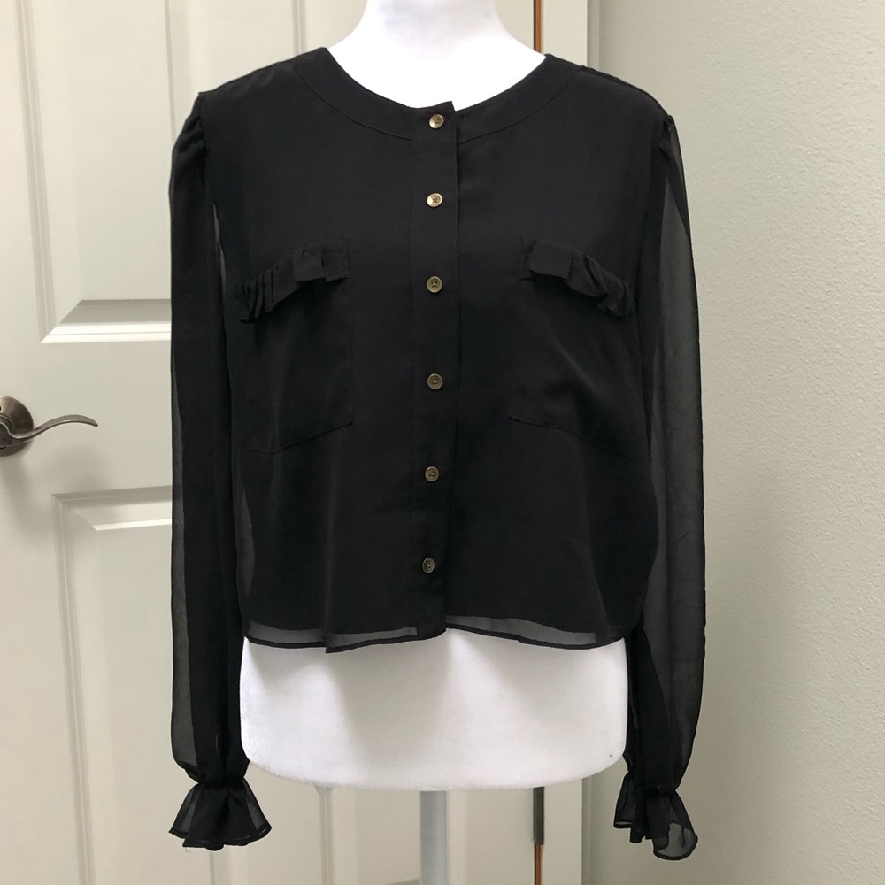 GUESS BUTTON UP LONG SLEEVE CROPPED TOP SHEER BACK BLACK SMALL